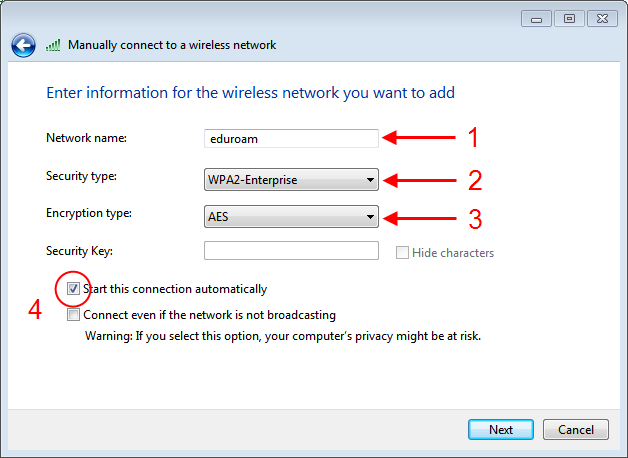 1. Skriv inn eduroam (pass på at det er skrevet rett) i feltet for Nettverksnavn. 2. Velg WPA2-Enterprise som Sikkerhetstype. 3. Velg AES som Krypteringstype. 4.