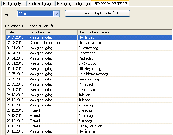 Bevegelige helligdager Her defineres de bevegelige helligdagene. Legg til, skriv inn navn og hent opp type helligdag og deretter trykk på lagre.