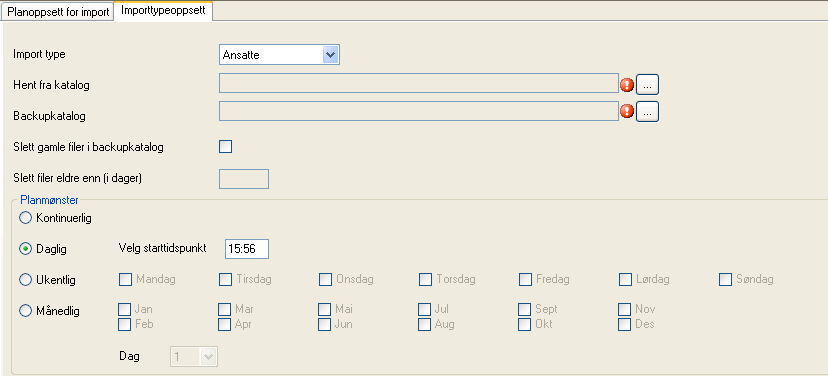 Planoppsett for import/eksport Her legger du inn intervallet som systemet skal se etter ved import/eksport. Gjentakelse i minutter.
