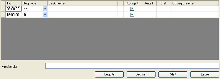 I det midterste bildet vises en oversikt over de registreringer den valgte ansatte har foretatt på valgt dato. For eksempel inn-, ut-, fravær, bytt jobb og overtidsregistreringer.