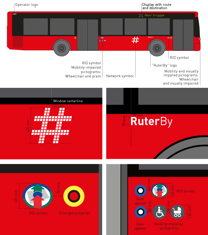 RuterBy logo, Network symbol and entery indication is produced in filmcolor: 3M Scotchal 100 10 (or similar).