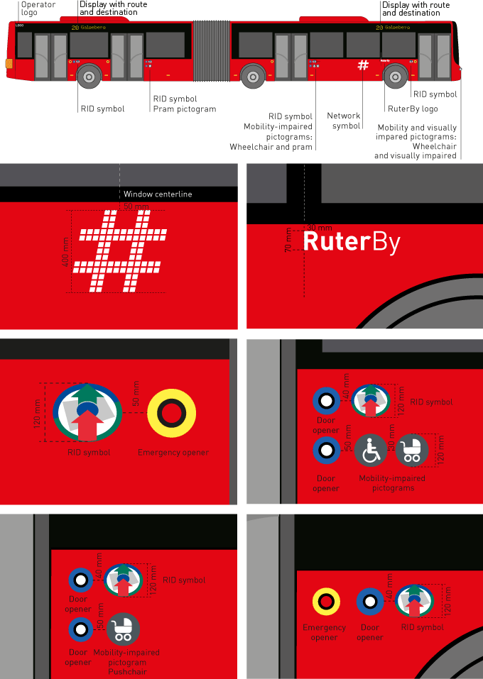 RuterBy logo, Network symbol and entery indication is produced in filmcolor: 3M Scotchal 100 10 (or