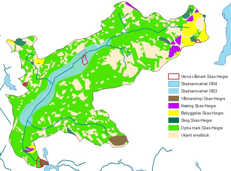 Figur 4.1.c: Arealbruk ved Skas Heigre kanalen. Her kan man blant annet se hvor Skasvatnet lå i 1853 og 1904før kanaliseringen ble fullført slik den ser ut i dag.