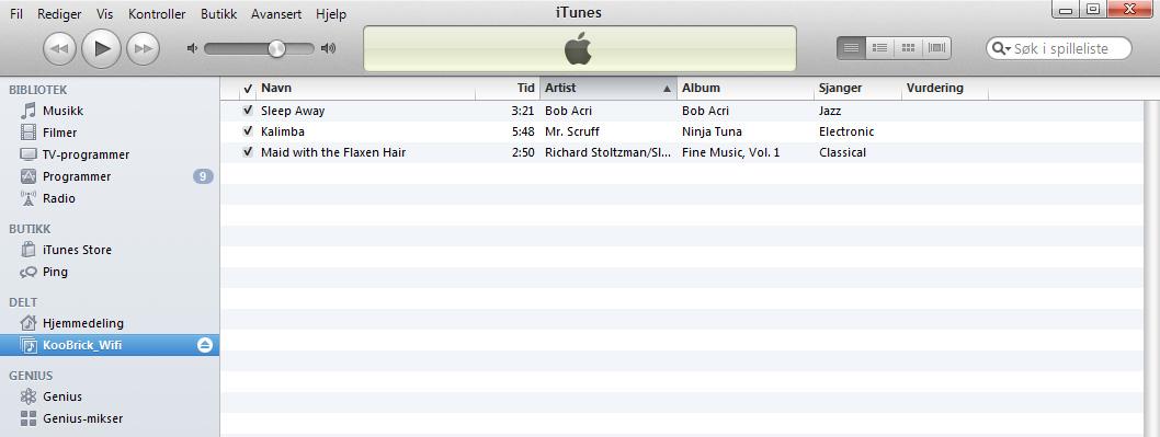 Du kan få tilgang til musikkfiler eller andre mediafiler fra den tilkoblede USB enheten ved å åpne for eksempel itunes! I itunes vil KooBrick_WiFi vises i Delt/SHARED kategorien.