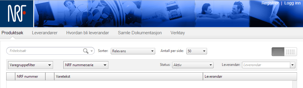 1: NRF hjemmeside Før cursor over menyvalget «Produktdatabasen». Klikk 1 - en gang på valget Produktdatabasen og du kommer inn på bildet som visst i figur 1.2. Figur 1.