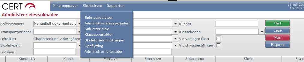 Oversikt over søknader Dere kan få oversikt over alle skolens søknader ved å velge «Skoleskyss» - «Administrer søknader». La feltene stå tomme, og trykk «Hent».