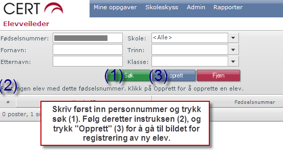 Fyll deretter ut skjemaet (evt kontroller informasjon hvis elev allerede ligger i systemet). Fødselsdato blir automatisk hentet fra fødselsnummeret. I feltet Adm. Enhet velges elevens bostedskommune.