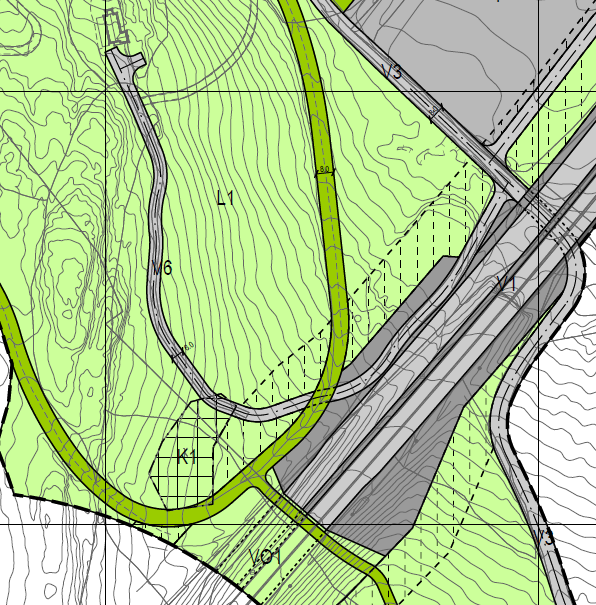 nordre del av kulturminnet K1 i nord går over eksisterende veg, V6 til 4H-hytta.