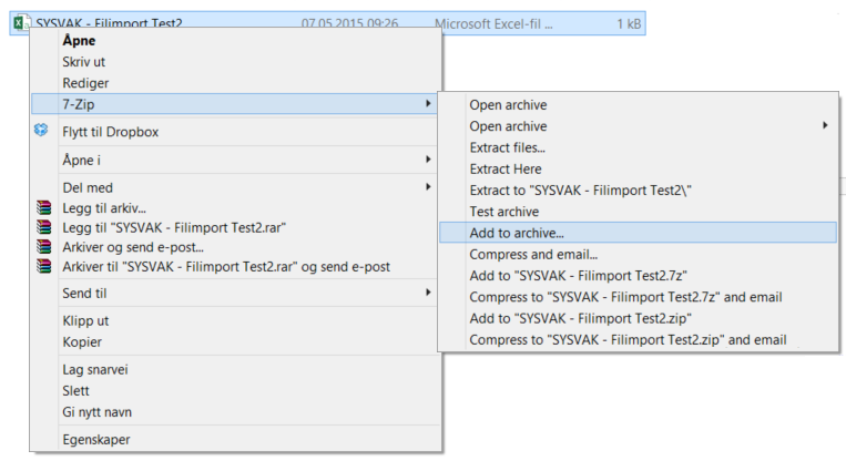 2.3 Kryptere og sende inn fil. Da filen skal sendes til SYSVAK per e-post må filen krypteres. For å kryptere filen før innsending benyttes et gratis program som heter «7-Zip».