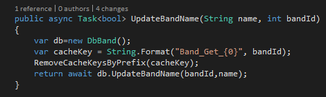 (Figur 9.2.3 C Viser hvordan caching gjøres når det hentes ut et band. Metoden i bandmanager lager en cache-nøkkel basert på id en til bandet og sjekker deretter om dette objektet finnes i cachen.