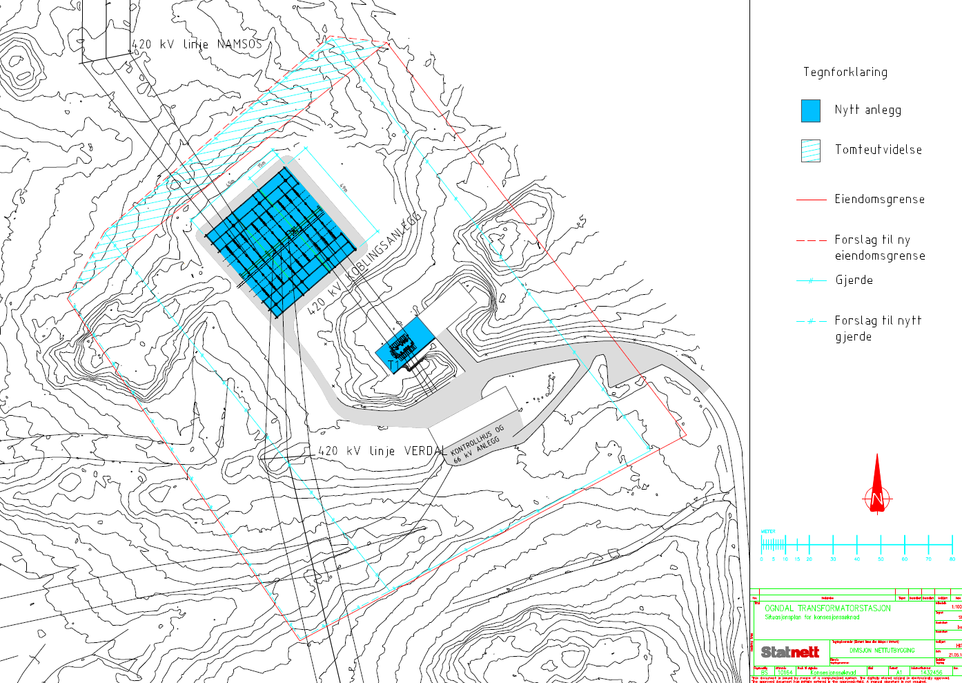 Juni 2010 Konsesjonssøknad. Spenningsoppgradering. 300/420 kv-ledning Klæbu - Namsos Figur 10. Ogndal transformatorstasjon i Steinkjer kommune med nytt 420 kv-anlegg.