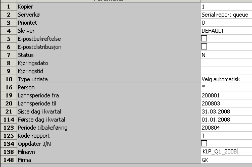 De andre parametrene ligger skjult bak, og dere ser dem ved å velge Verktøy og Vis faste parametre fra verktøymenyen. KLP-nummer vil være det nummer dere har lagt inn i rapportvarianten.