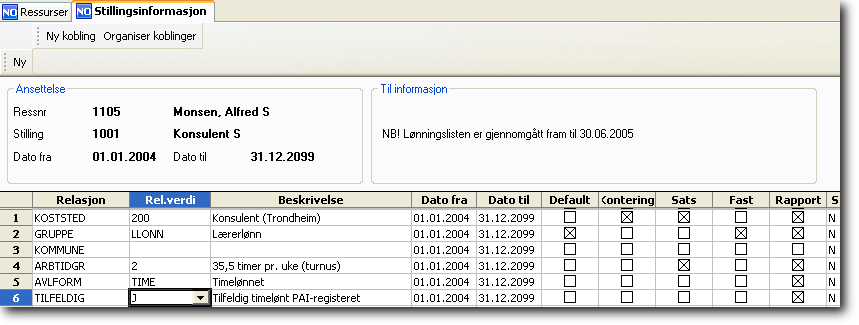 Begrepet TILFELDIG settes opp som relasjon på begrepet RESSNR Begrepet TILFELDIG settes opp som relasjon på begrepet STILLNR Oppdater alle aktuelle ressurser med verdi J i relasjonen TILFELDIG.