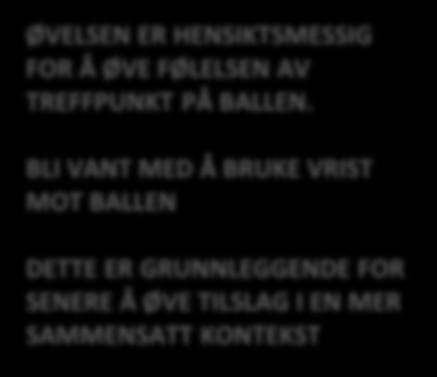 EKSEMPEL ØKTPLAN FOR MG 6 MG 8 ØKT 9 5-10 min 20 min + 10 min 30 min TREFFPUNKT FOT/BALL 1 mot 1 duell SPILL SPILL 3 VS 3 PLUSS KEEPER T 1 1 2 3 4 T KORT BANE OPPFORDRE TIL: SKUDD ROS DET DU VIL SE