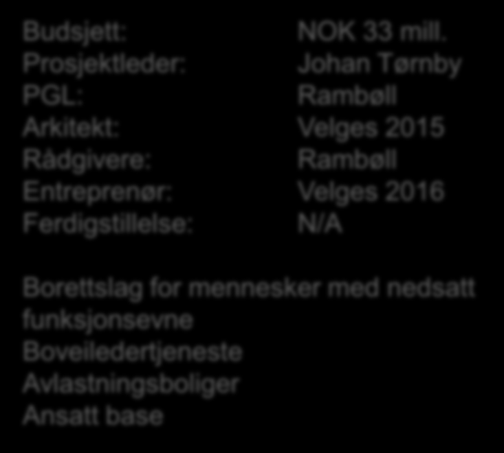 Samlokaliserte boliger for mennesker med nedsatt funksjonsevne Mulighetsstudie Skisseprosjekt Forprosjekt Entreprise Avsluttede prosesser Beslutning i kommunestyret Varsel om oppstart av regulering