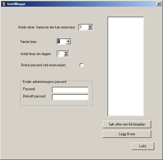 Klikk på «Fil» - «Instillinger...» Du kan velja kor mange veker framover vi kan reservera. Det er maks 5 veker. Du kan velja om vi har nulte time eller ikkje.