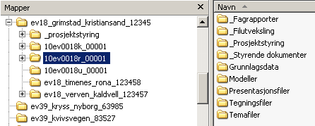 13 6.2.1 Katalogstruktur for hovedprosjekt Katalognavn Hovedkatalogen til prosjektet skal navngis med vegnummer, prosjektnavnet og hovedprosjektnummeret. Eksempel: ev18_grimstad_kristiansand_123456.