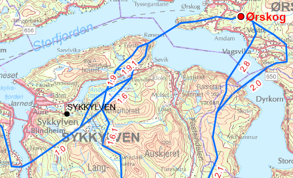 Side 228 8.3.1 Omsøkt hovedalternativ 1 fra Ørskog transformatorstasjon til Riksem Hovedtrasé 1 mellom Ørskog og Riksem på vestsiden av Sykkylvsfjorden berører kommunene Ørskog og Sykkylven.