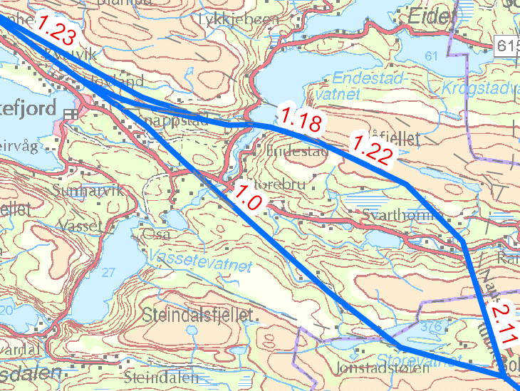 Side 266 spesielt fremtredende. Kamuflerende tiltak vil kunne ha effekt på begge alternativene på denne strekningen, men antas å best effekt på alternativ 1.17.1 på grunn av variert vegetasjon.