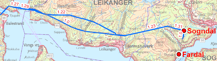 Side 293 Ingen bolighus ligger i nærheten av ledningen på strekningen fra Høyanger transformatorstasjon til Esefjorden. Ledningen vil imidlertid passere flere hytter i Eriksdalen og Langedalen.