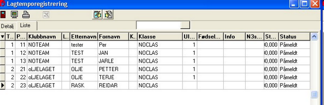 Ved kontingentberegning vil den klubben som er registrert på deltageren bli benyttet. Både liste og detaljfanen kan brukes til innlegging av navn. Husk at hele laget skal ha samme starttid.