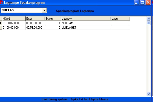 Speakerskjerm Speakerskjermen startes fra data>lagtempo vinduet eller fra resultat>online>lagtempo. Tiden vises som 0.