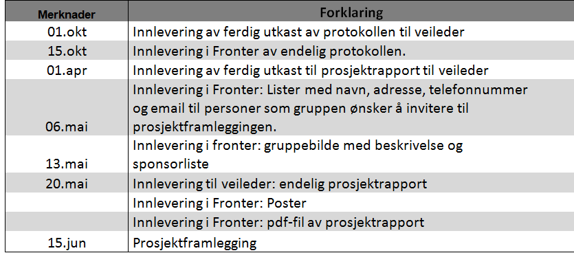 Kostnader og finansieringsplan Tidsplan Publisering Prosjektet skal i første omgang leveres i form av en skriftlig rapport, deretter fremføres muntlig.