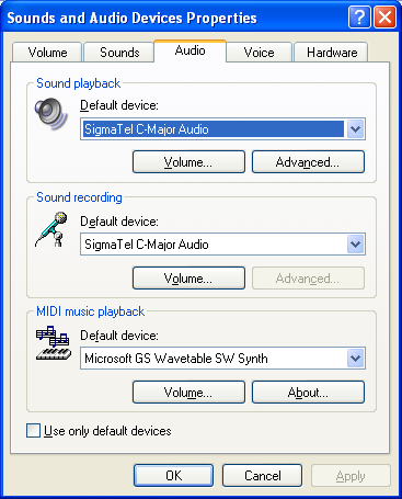 PC-lydoppsett for Windows XP (For å gå til dette skjermbildet: Start > Kontrollpanel> Lyd og lydenheter) Standardinnstilling: Alle PC-lyder og lyd spilles i hodesettet.