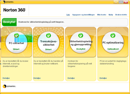 8 Komme i gang Utforske hovedvinduet Utforske hovedvinduet Når du starter Norton 360, åpnes hovedvinduet. Hovedvinduet gir tilgang til alle Norton 360-funksjoner, -alternativer, Hjelp og Støtte.