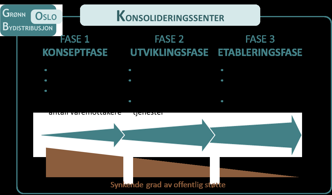 Figur 8 Stegvis prosess for innføring av konsolideringssenter i Oslo Beslutningen om å demonstrere et konsolideringssenter ble tatt i september 2013, og planlagt demonstrasjonsperiode var februar