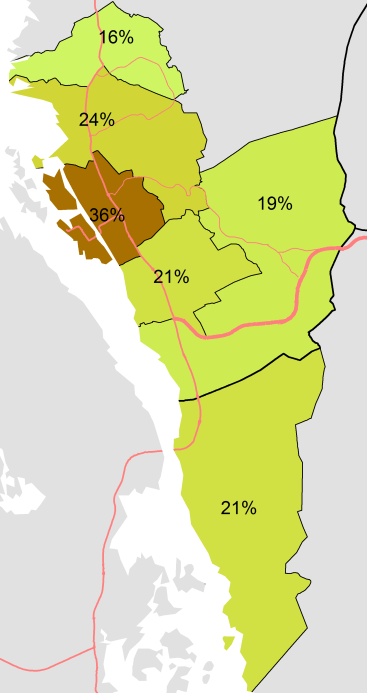 Figur 25: Gjennomsnittlig andel av befolkningen som går hele veien i løpet av en dag, bosted; Haugalandet 2011 5.2 Reisemåte og geografi 5.2.1 Reisemiddelfordeling for bosatte i hver kommune Vi ser at reisemiddelfordelingen for bosatte i de enkelte kommunene i all hovedsak følger det samme mønsteret som vi så i Figur 19.