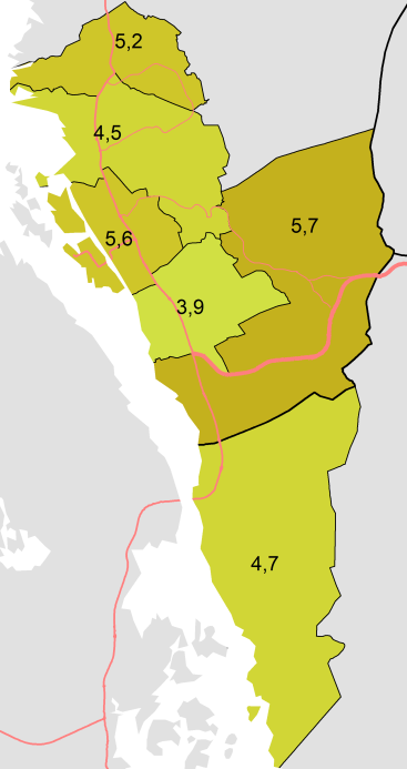 Fra Figur 37 ser vi at beboerne i Sveio og Nord-Karmøy trekker opp snittet for tidsbruk som bilfører, mens befolkningen i Haugesund, og da særlig de som bor i sentrum, trekker ned snittet.