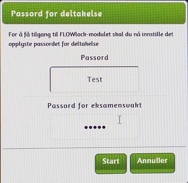 Hvis du starter skoleeksamen før satt klokkeslett vil du få opp vinduet med nedtelling til eksamensstart: Hvis du starter skoleeksamen etter satt klokkeslett, må både du og eksamensvakt godkjenne