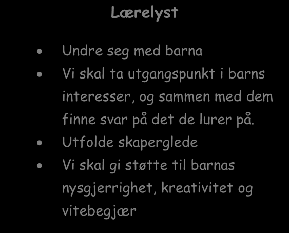 Kropp, bevegelse og helse Aktivitet o Ute og inne Sunt kosthold Turer i skog og mark Forståelse og respekt for egen og andres kropp Antall, rom og form Telling i hverdagen o Tallord Bruke matematiske