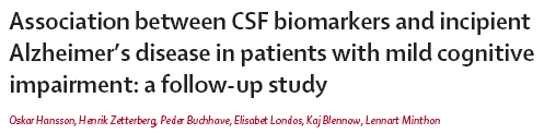 CSF in MCI has elevated tau, decreased β-amyloid A combination of CSF T-tau and A42 at baseline yielded a sensitivity of 95% and a specificity of 83% for detection of incipient AD inpatients with MCI.