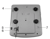 Vekten 1. Veieplate 3. RS 232 5. AV/PÅ bryter 7. Bryter for 2. Libelle (vater) 4. Justerbare føtter 6.