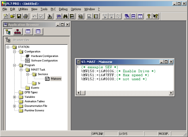 Prosjektering og idriftsetting Prosjektering av masteren (Modbus-skanner) 4 Opprette program Opprett en ny seksjon i PL7 PRO i applikasjonen browser under Station / Program / Mast Task / Sections.