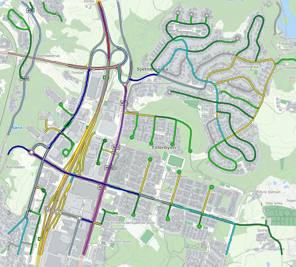 Side 12 Fig. Vegnett i området med trafikktall angitt som fargekoder. Kilde: nvdb Utbygging av Hallsteingårdgård genererer i overkant av 2500 biler pr døgn (ÅDT).