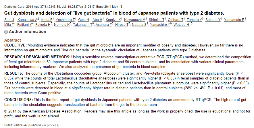 (et mål på insulinresistens) PMID: 22728514 Tarmbakterier ble påvist i blodeti signifikant større