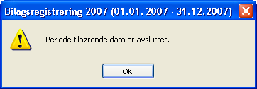 REGNSKAP Dersom du har merket av for Dato/Periodekontroll i brukerinnstillinger i bilagsregistrering vil du få opp følgende to meldinger ved forsøk på føring av bilag i periode 13.