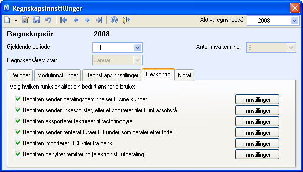 REGNSKAPSINNSTILLINGER.Rediger: Endre en eksisterende avgiftskode..slette: Du kan ikke slette avgiftskoder..utvalg av/på: Inaktiv..Utvalgsinnstillinger: Inaktiv.