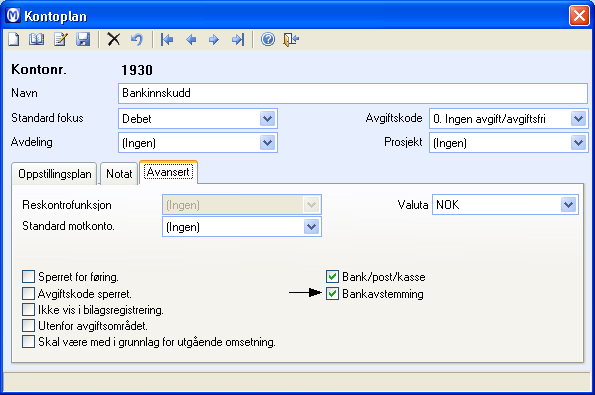 REGNSKAP Slik gjør du en konto tilgjengelig for bankavstemming 1. Velg Vis - Regnskap og klikk Kontoplan. 2. Klikk Liste. 3. Merk kontoen du ønsker å kunne avstemme (f.eks. konto 1930), og klikk OK.
