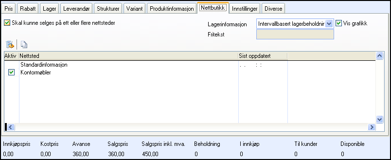 PRODUKTREGISTERET Produktinformasjon i nettbutikken Skal kunne selges på ett eller flere nettsteder: Ønsker du at produktet skal kunne selges i din nettbutikk må du merke av her slik at produktet