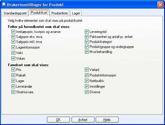 PRODUKT INNSTILLINGER FOR PRODUKT Brukerinnstillinger for Produkt Hver enkelt bruker kan tilpasse produktregisteret til sitt bruk i brukerinnstillingene.