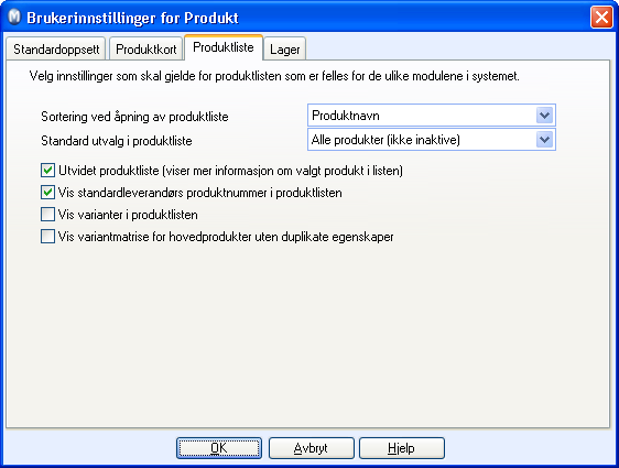 INNSTILLINGER FOR PRODUKT Standard utvalg i produktliste: Her angir du produktutvalget du ønsker skal vises som standard ved åpning av produktlisten.