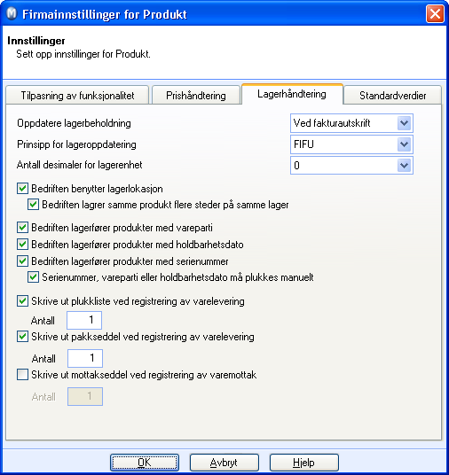 INNSTILLINGER FOR PRODUKT Lagerhåndtering Oppdatere lagerbeholdning: Her velger du om lageroppdatering skal skje ved utskrift av faktura, pakkseddel eller plukkliste.