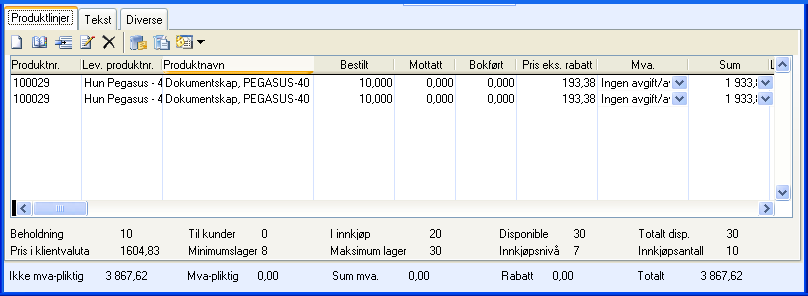 INNKJØPSREGISTERET Tips! Når en innkjøpsordre er bestilt kan du ved hjelp av en Innkjøpsveiviser opprette en Ordre som baseres på innkjøpet.