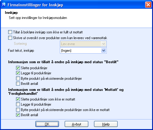 INNKJØP INNSTILLINGER FOR INNKJØP Firmainnstillinger for Innkjøp.I firmainnstillingene for innkjøp angir du hvilken informasjon som skal kunne endres i ulike status i modulen Innkjøp.