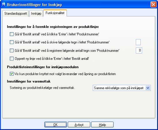 INNSTILLINGER FOR INNKJØP Brukerinnstillinger for Innkjøp.I fanekortene i brukerinnstillinger for innkjøp kan du bestemme hvordan vinduet for innkjøp skal se ut og fungere.