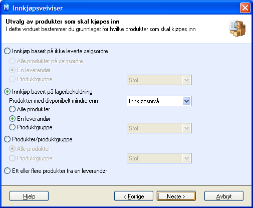 INNKJØPSVEIVISEREN Når valget er gjort kan du velge om innkjøpet skal gjelde Alle produkter, kun produkter fra En leverandør, eller alle produkter fra en bestemt Produktgruppe.